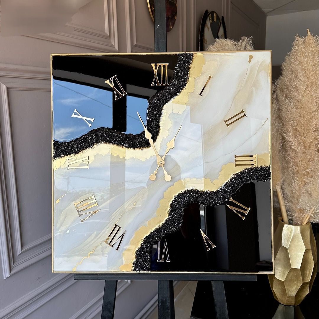 1722669916818.jpg Black with Cream and Golden Border Resin Square Wall Clock - Image 1