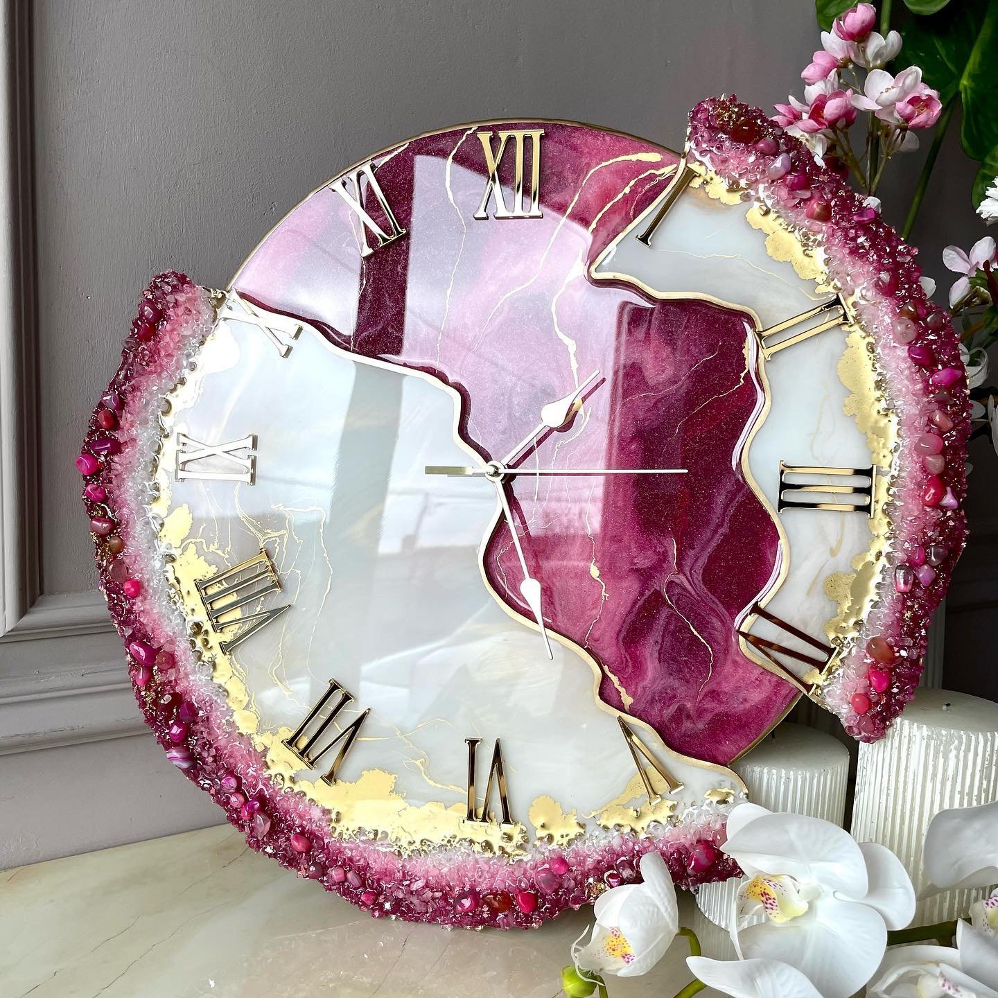 luxuryresinart-20240223-0073.jpg Bubblegum Pink Feather The luxury Resinart Resin Large Wall Clock(27 Inches) - Image 1