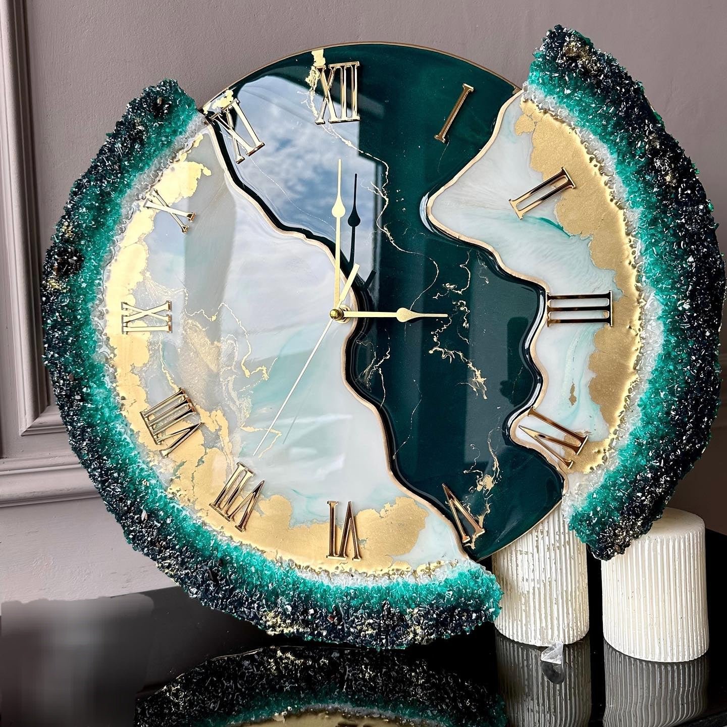 luxuryresinart-20240223-0158.jpg Forest Green Feather The luxury Resinart Resin Large Wall Clock(27 Inches) - Image 1