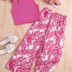 Ralphdavinci Girls Pink Ribbed Sleeveless Crop Top & Tropical Leaf Print Pants Set