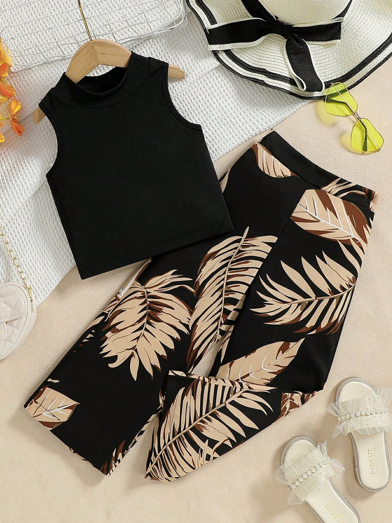 17210120694a1f64b0f41a1eed64021b858f1575d0_1.png Ralphdavinci Girls Black Top With Printed Pant Set - Image 1
