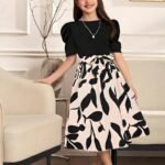 Ralphdavinci Girls Elegant Black & Beige Floral Print Midi Dress with Puff Sleeves Party Dress