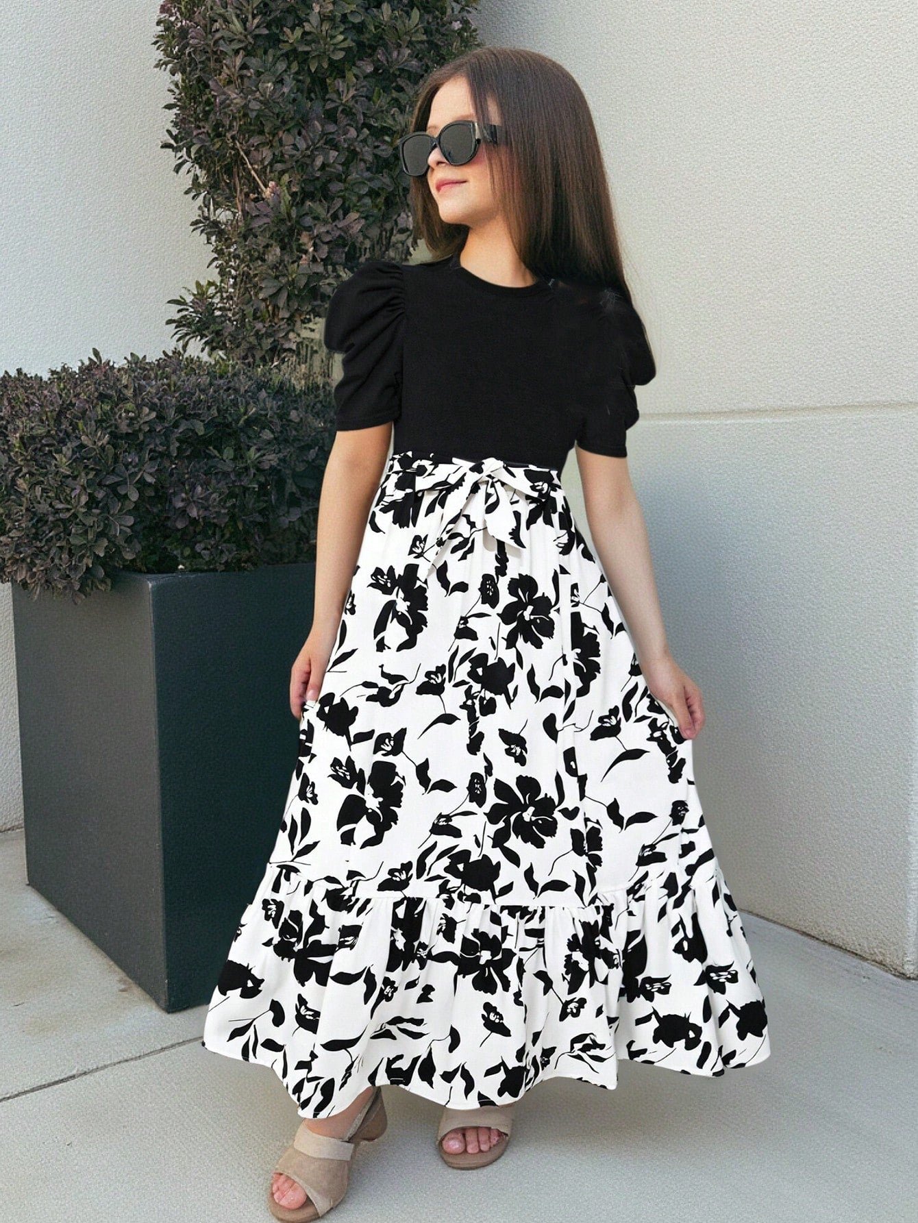 174283678993c09e2d2fae44edee9e797932e0f213.jpg Ralphdavinci Girls Black Puff Sleeve Top with White Floral Maxi Dress - Image 1
