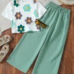 Ralphdavinci Girls Floral Printed Crop Top with Mint Green Pleated Wide Leg Pants Co-Ord Set