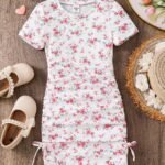 Ralphdavinci Girls White & Pink Floral Ruched Bodycon Dress