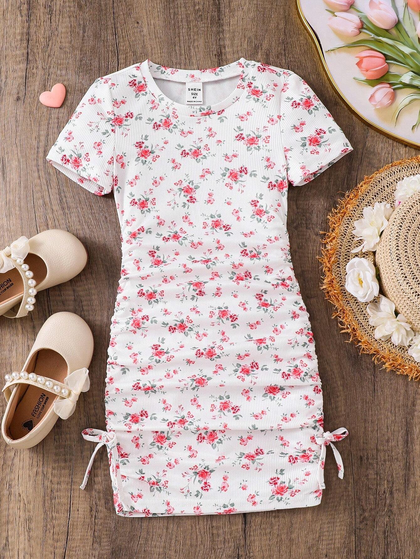 17447047115e3c96904995b8606fda4ec36c6ea96b.jpg Ralphdavinci Girls White & Pink Floral Ruched Bodycon Dress - Image 1