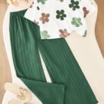 Ralphdavinci Girls Floral Printed Crop Top with Green Pleated Wide Leg Pants Co-Ord Set