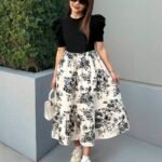 Ralphdavinci Girls Black Puff Sleeve Top with White Floral Print Midi Dress