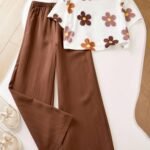 Ralphdavinci Girls Floral Printed Crop Top with Coffee Pleated Wide Leg Pants Co-Ord Set