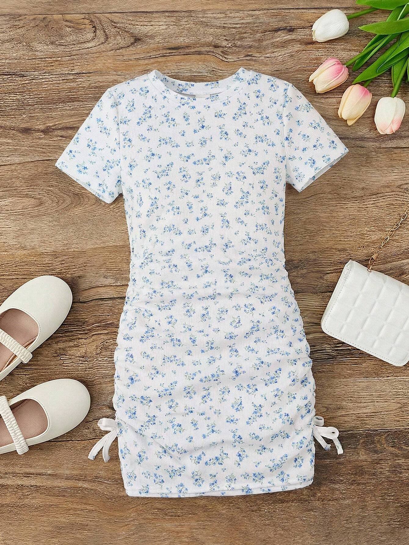 17699976001606f75a07a32151f0f67daa30d03254.jpg Ralphdavinci Blue Floral Ruched Girls Bodycon Dress - Image 1