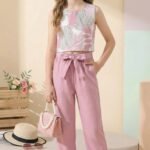 Ralphdavinci Girls Pink Floral Crop Top & Wide Leg Palazzo Pants Set with Bow