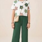 Ralphdavinci Girls Floral Printed Top with Green Wide Leg Palazzo Pants Set