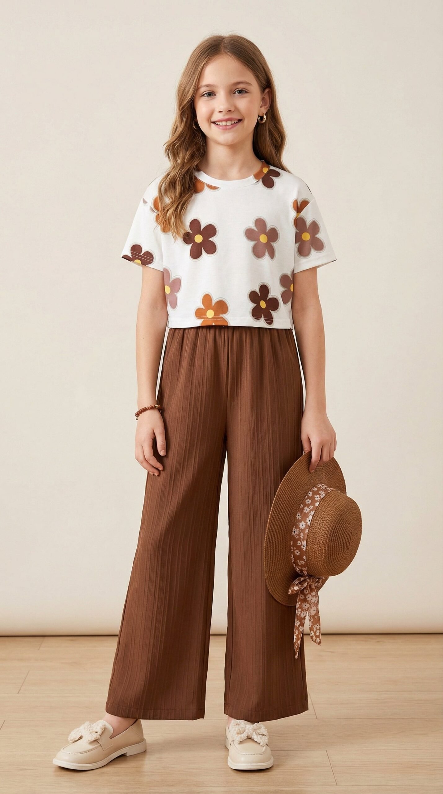 1771940012746-image-edit.jpg Ralphdavinci Girls Floral Printed Top with Brown Palazzo Pants Co-Ord Set for Kids - Image 1