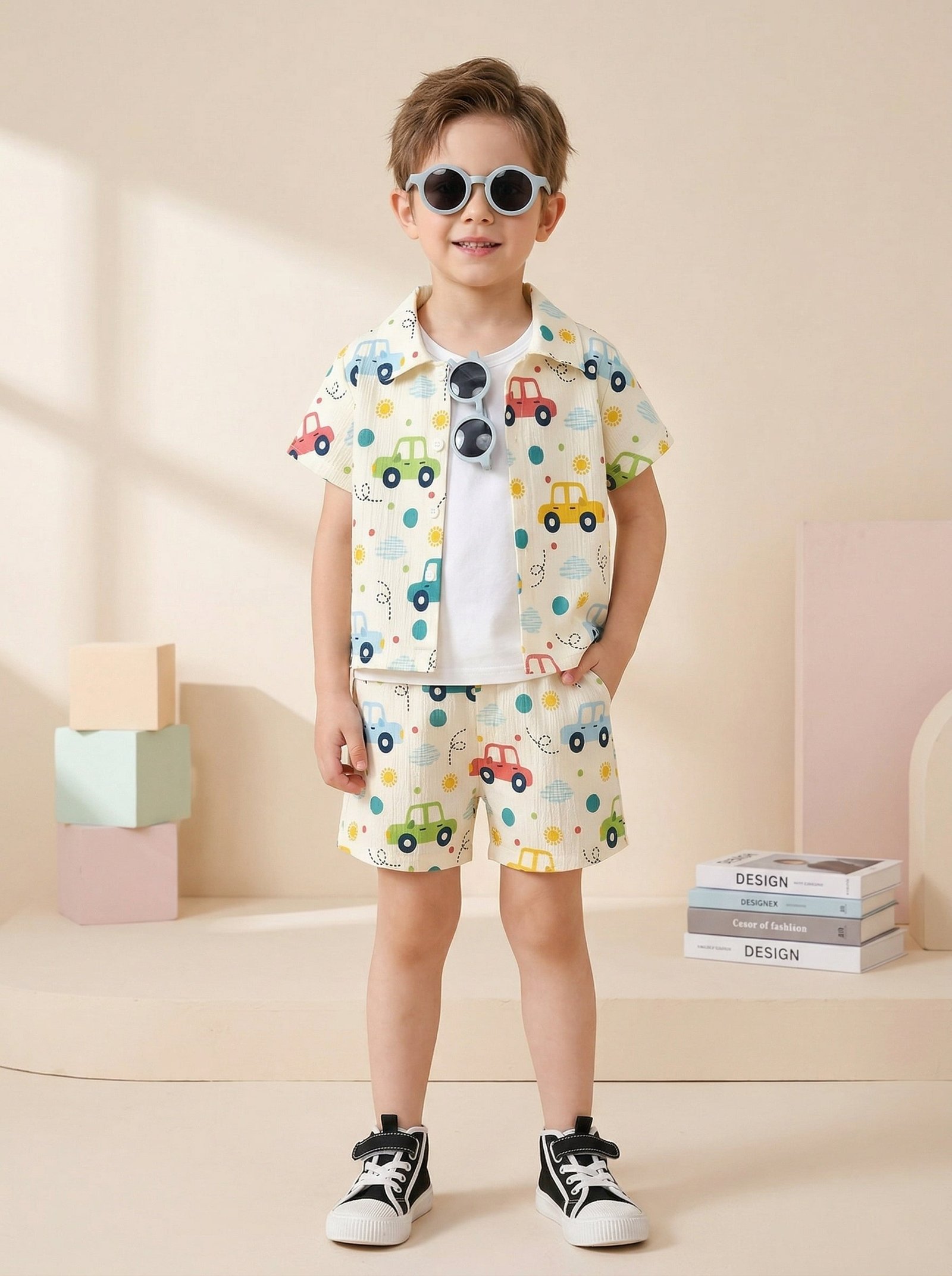 260325_0013_image_edit_1009.jpg Ralphdavinci Boys Multi-Color Car Print Co-Ord Set – Cotton Shirt & Shorts Summer Outfit for Kids - Image 1