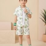 Ralphdavinci Boys White & Green Printed Co-Ord Set – Cotton Shirt & Shorts Summer Outfit for Kids