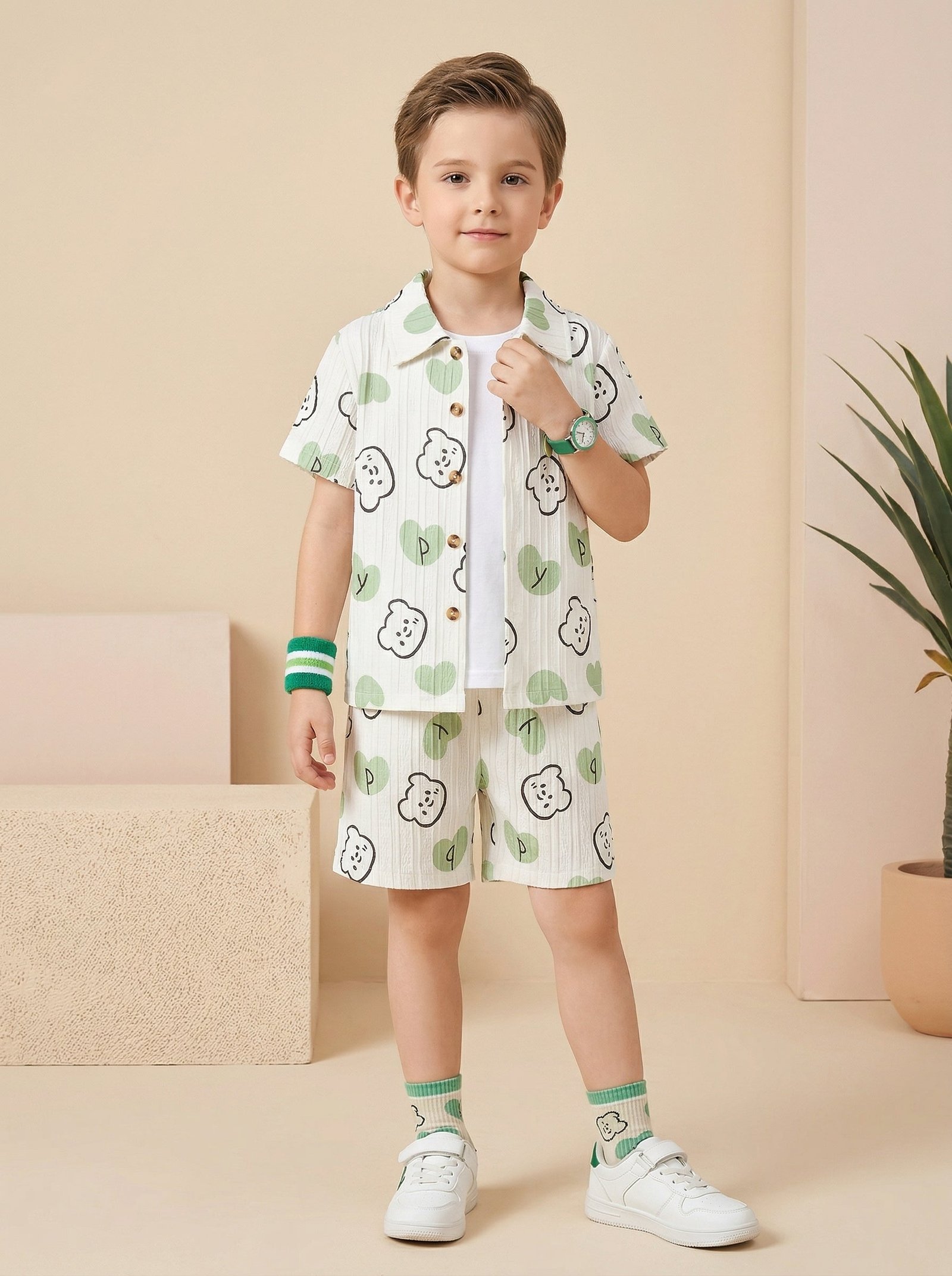 260325_0026_image_edit_7461.jpg Ralphdavinci Boys White & Green Printed Co-Ord Set – Cotton Shirt & Shorts Summer Outfit for Kids - Image 1