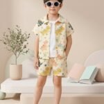 Ralphdavinci Boys Yellow Dinosaur Print Co-Ord Set – Cotton Shirt & Shorts Summer Outfit for Kids