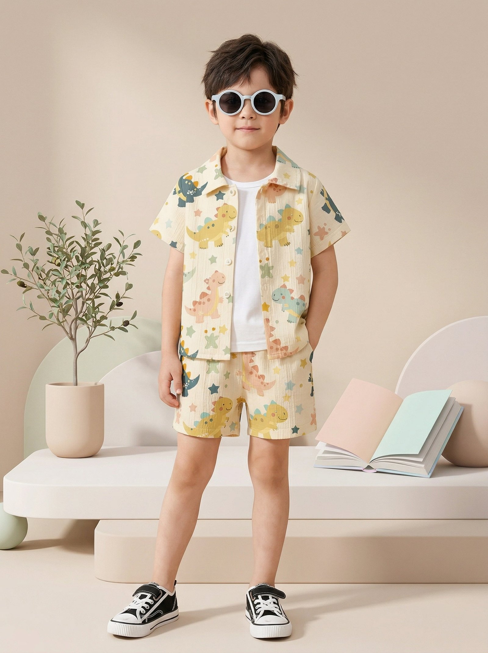 260325_0031_image_edit_1646.jpg Ralphdavinci Boys Yellow Dinosaur Print Co-Ord Set – Cotton Shirt & Shorts Summer Outfit for Kids - Image 1