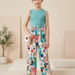 Ralphdavinci Girls Teal Sleeveless Top & Multicolor Printed Wide Leg Pants Set