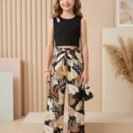Ralphdavinci Girls Black Sleeveless Ribbed Top & Tropical Leaf Printed Wide Leg Pants Set