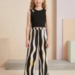 Ralphdavinci Girls Black Sleeveless Ribbed Top & Striped Wide Leg Pants Set