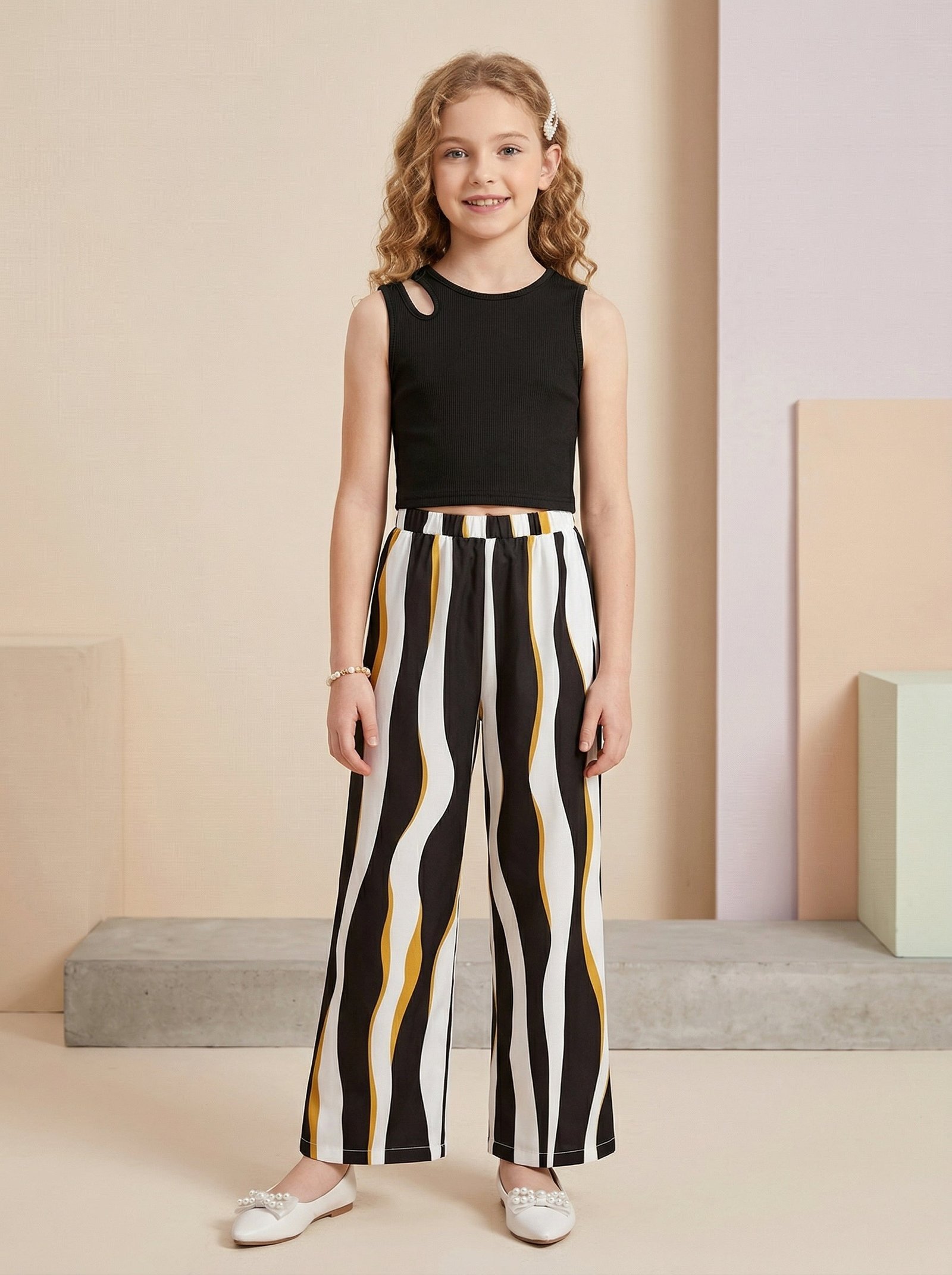 260402_0010_image_edit_4482.jpg Ralphdavinci Girls Black Sleeveless Ribbed Top & Striped Wide Leg Pants Set - Image 1