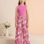 Ralphdavinci Girls Pink Sleeveless Ribbed Top & Tropical Leaf Printed Wide Leg Pants Set