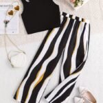 Ralphdavinci Girls Black Ribbed Sleeveless Crop Top & Striped Wide Leg Pants Set