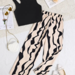 Ralphdavinci Girls Black Crop Top with Beige & Black Printed Wide Pants