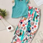 Ralphdavinci Girls Teal Ribbed Sleeveless Crop Top & Multicolor Printed Pants Set