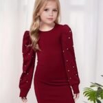 Ralphdavinci Girls Maroon Pearl Embellished Puff Sleeve Bodycon Dress