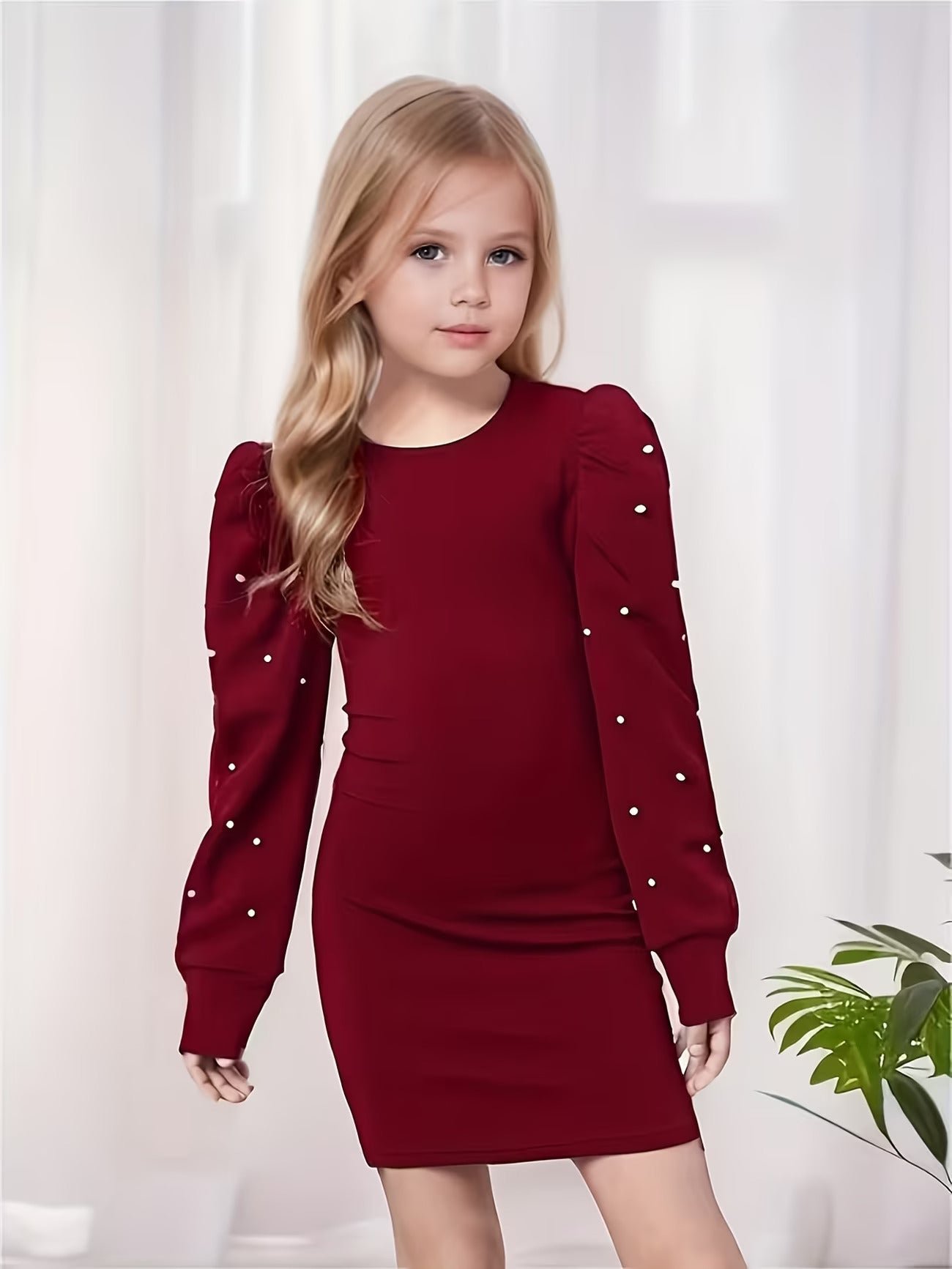 7c629414-4803-486f-8421-7e6ad3530f42_2_1.jpg Ralphdavinci Girls Maroon Pearl Embellished Puff Sleeve Bodycon Dress - Image 1