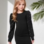 Ralphdavinci Girls Black Pearl Embellished Puff Sleeve Bodycon Dress