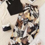 Ralphdavinci Girls Black Ribbed Sleeveless Crop Top & Tropical Leaf Print Pants Set