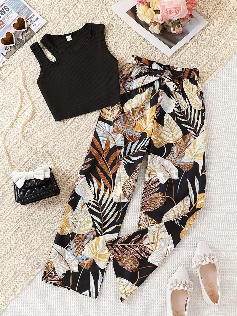 8d97d867-4d65-4815-8eb4-0df8f95cc1e7_converted.jpg Ralphdavinci Girls Black Ribbed Sleeveless Crop Top & Tropical Leaf Print Pants Set - Image 1