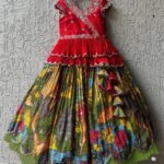 Ralphdavinci Girls Red Embroidered Top with Green Multicolour Artistic Print Lehenga