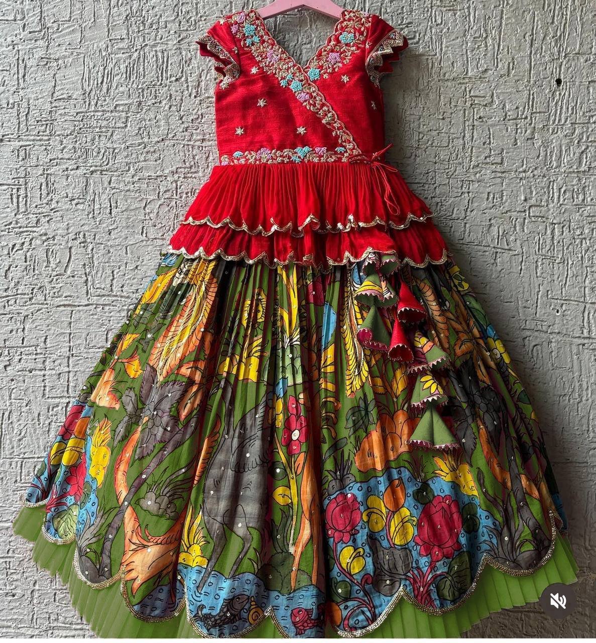photo_2024-11-29_18-03-01_2.jpg Ralphdavinci Girls Red Embroidered Top with Green Multicolour Artistic Print Lehenga - Image 1