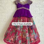 Ralphdavinci Designer Purple Embroidered Peplum Top with Pink Printed Pleated Lehenga for Girls