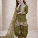 Ralphdavinci Girls Olive Green Embroidered Kurta Salwar Set with Dupatta