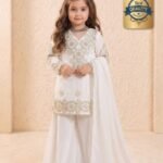 Ralphdavinci Girls Off White Embroidered Kurta Palazzo Set with Dupatta