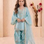 Ralphdavinci Girls Sky Blue Embroidered Kurta Patiala Set with Dupatta