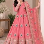 Ralphdavinci Girls Peach Pink Anarkali Gown with Dupatta